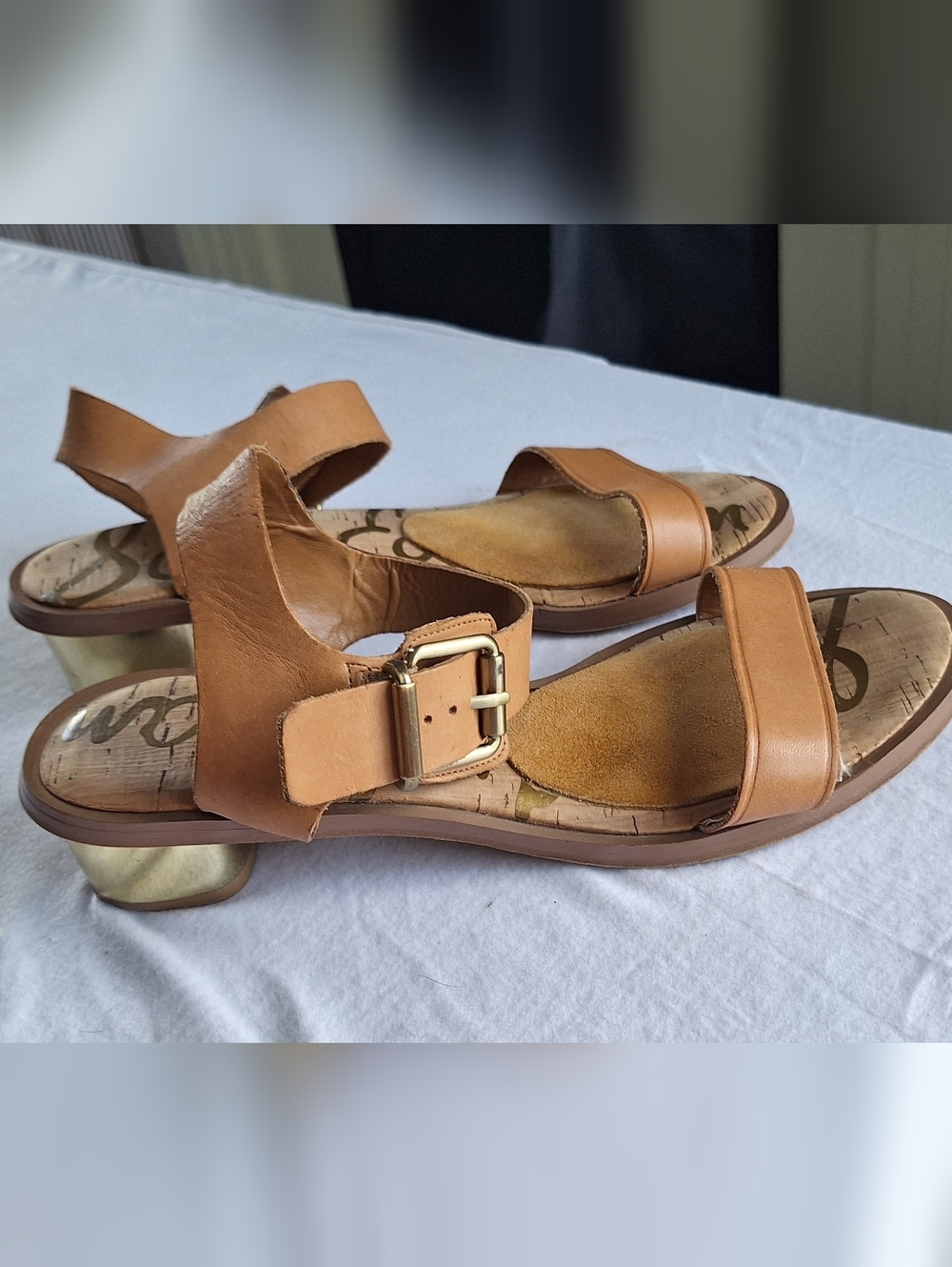 Sam Edelman Leather Sandals Cork Footbed Ankle Strap Brown Low Heel Size 8.5